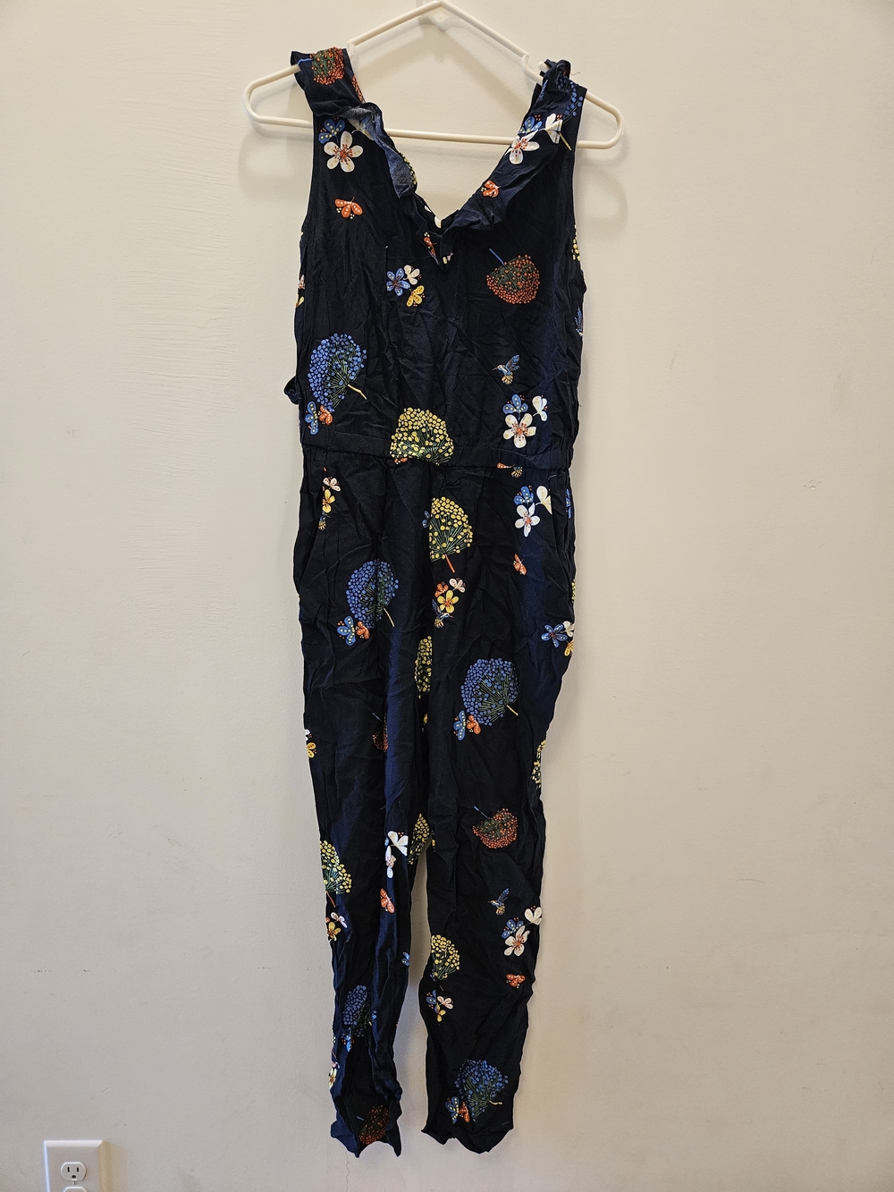 LOFT Navy Floral Ruffle-Trim Jumpsuit